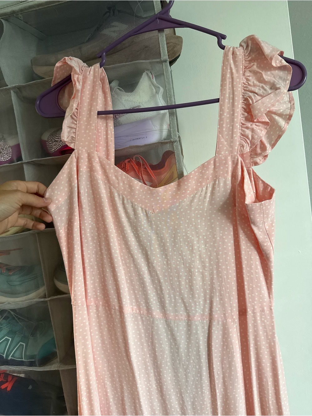 Pink Polka Dot Ruffle-Strap Midi Dress